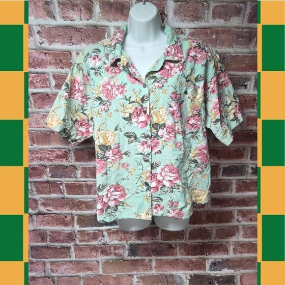 Vintage 90s CM Company Hawaiian Shirt Large Green Pink Floral Button Down V Neck - Picture 1 of 7